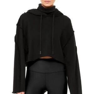 ALO YOGA Cropped HOODIE Sz SMALL, Black Effortless Hoodie Cotton Drawstrings
